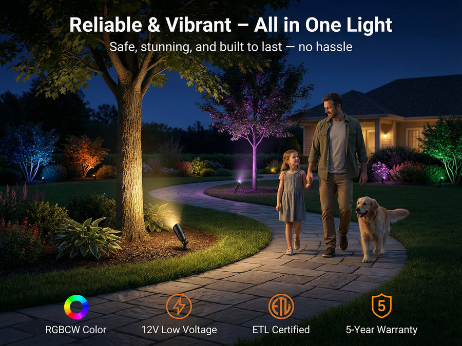 Gardenreet RGBCW Aluminum Spotlight 4 Pack- Lamp Ready 12V Smart Low Voltage LED 2700K-6500K with App & Remote Control (9106) - Hero Mobile 1