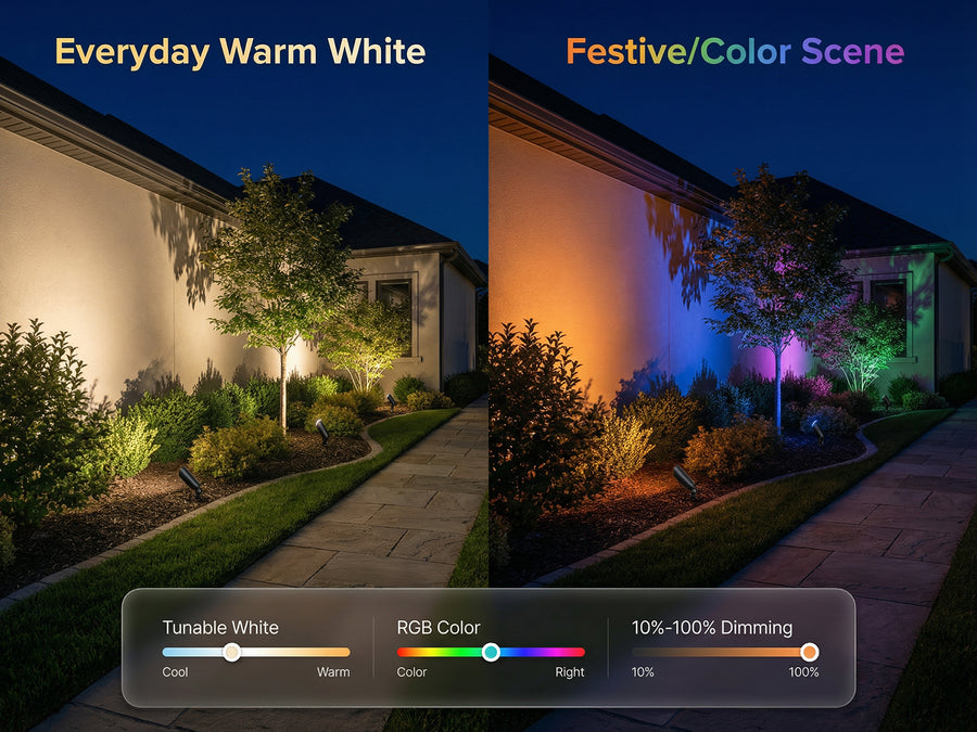 Gardenreet RGBCW Aluminum Spotlight 4 Pack- Lamp Ready 12V Smart Low Voltage LED 2700K-6500K with App & Remote Control (9106) - Features Mobile 1