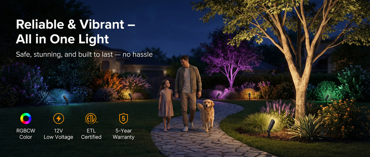 Gardenreet RGBCW Aluminum Spotlight 4 Pack- Lamp Ready 12V Smart Low Voltage LED 2700K-6500K with App & Remote Control (9106) - Hero Desktop 1