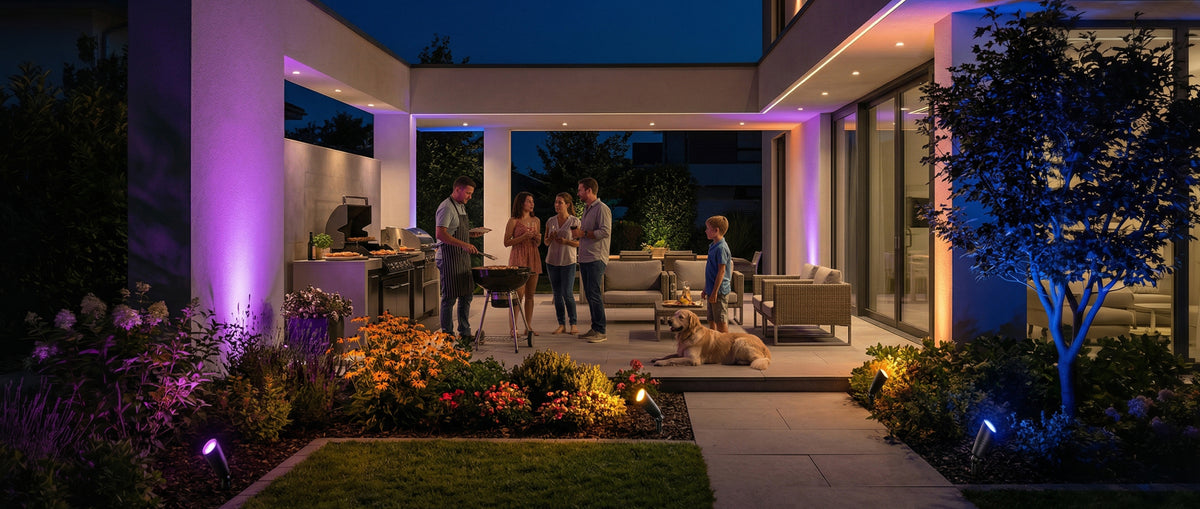 Gardenreet RGBCW Aluminum Spotlight 4 Pack- Lamp Ready 12V Smart Low Voltage LED 2700K-6500K with App & Remote Control (9106) - Application Desktop 4