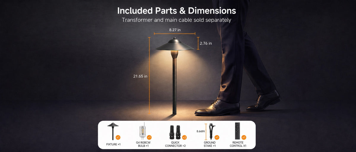 Gardenreet RGBCW Aluminum Path Light - Lamp Ready 12V Smart Low Voltage LED 2700K-6500K with App & Remote Control (9407) - Package Install QA Desktop 1