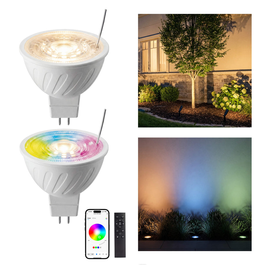 Gardenreet MR16 RGBCW LED bulb 2-pack installed in landscape lighting fixture providing warm white light
